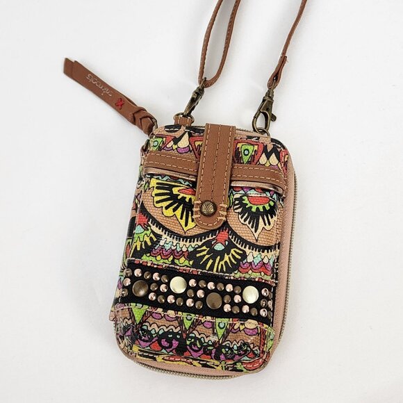 SAKROOTS Crossbody Smartphone Wallet Studded Peace Pattern Boho Coated Canvas - Picture 3 of 7